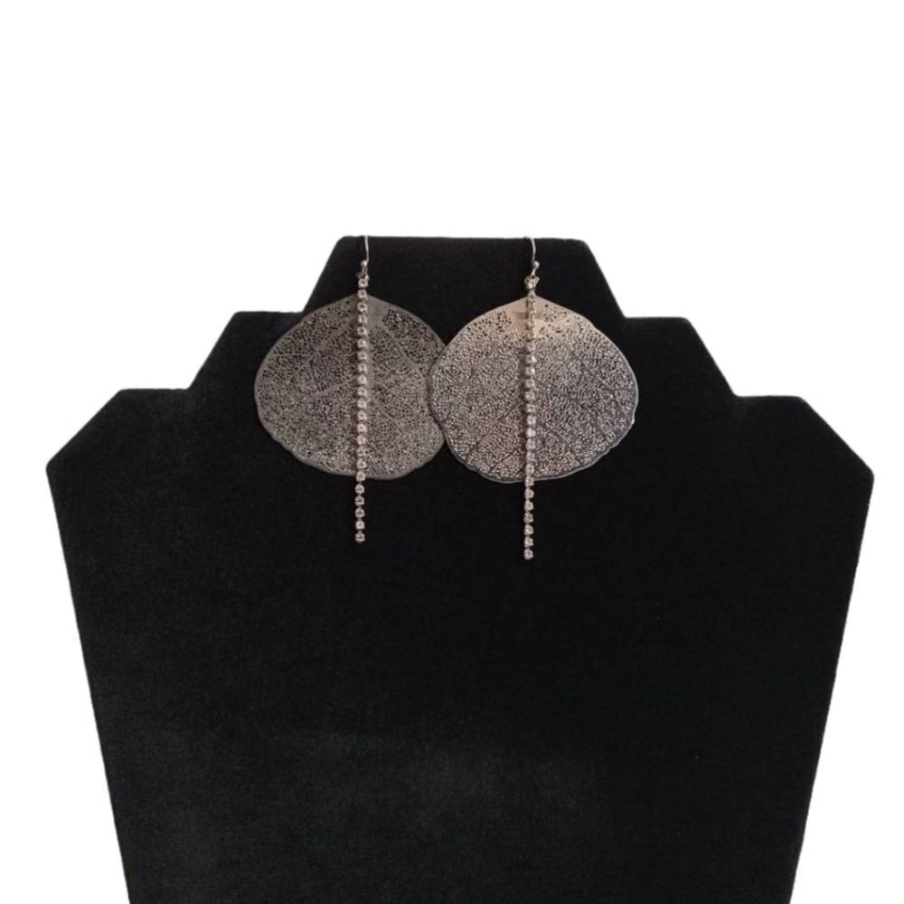 Silver Toned Metal Cutout Rhinestone Chain Lightweight Leaf Dangle Drop Earrings